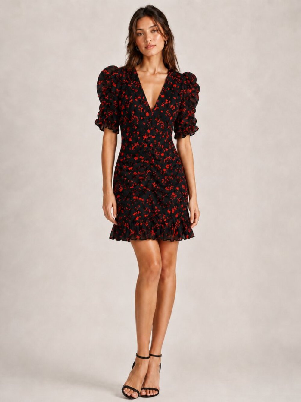 Lipsy London Black Red Floral Ruched Mini Dress US 6